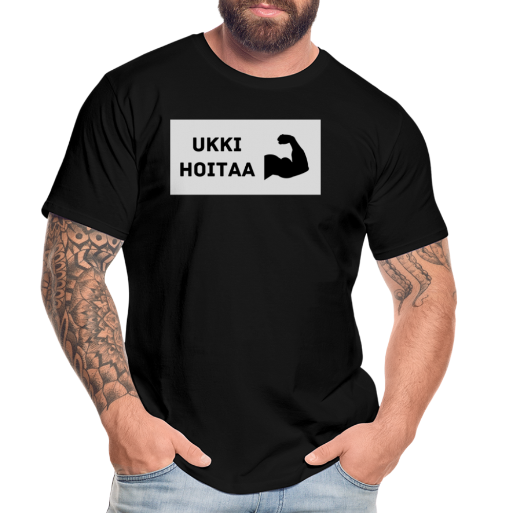TEKSTI MUOKATTAVISSA! *Nimi* hoitaa -t-paita, luomupuuvillaa - musta