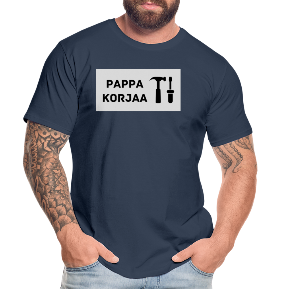 TEKSTI MUOKATTAVISSA! *Nimi* korjaa -t-paita, luomupuuvillaa - navy