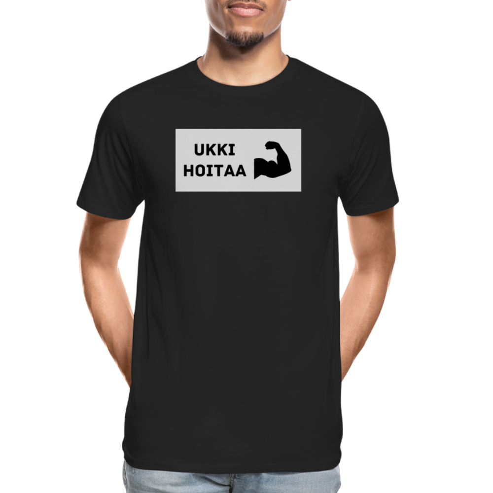 TEKSTI MUOKATTAVISSA! *Nimi* hoitaa -t-paita, luomupuuvillaa - musta