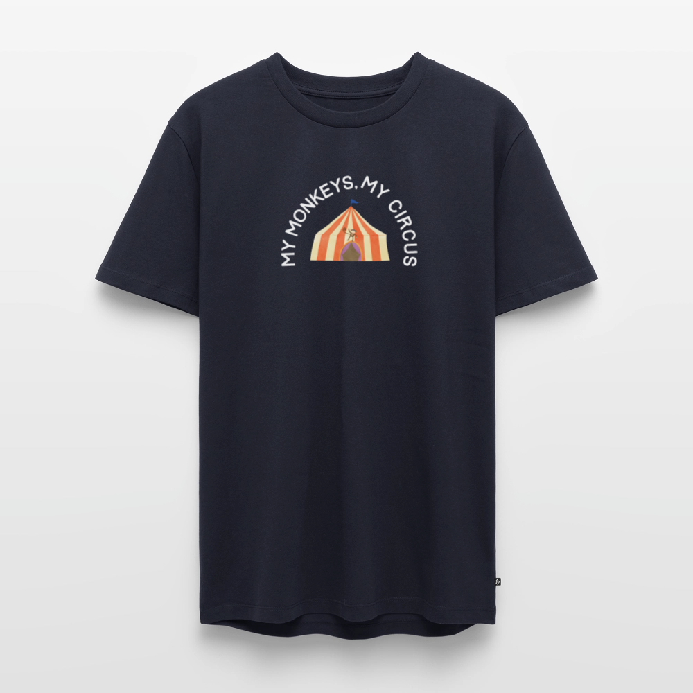 My monkeys, my circus -t-paita, luomupuuvillaa - laivastonsininen