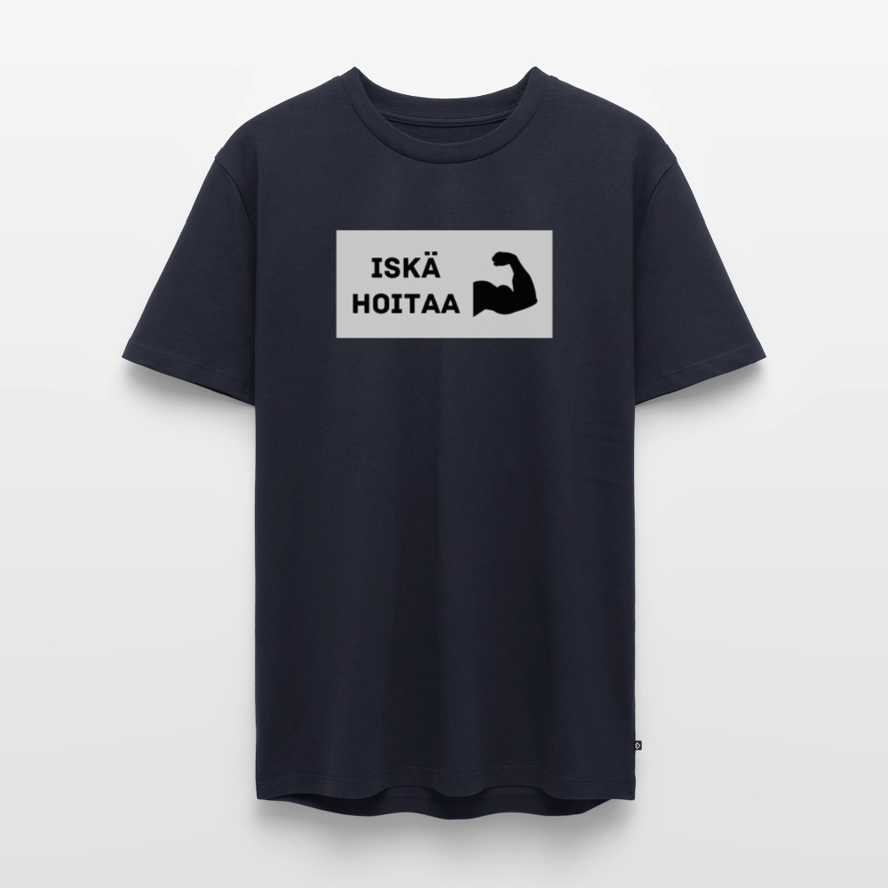 Iskä hoitaa -t-paita, luomupuuvillaa - laivastonsininen