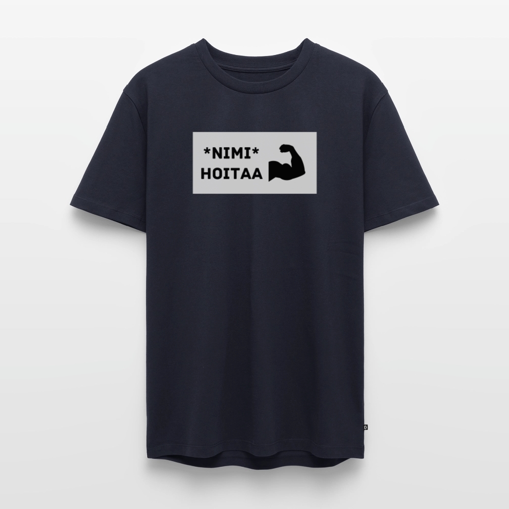 TEKSTI MUOKATTAVISSA! *Nimi* hoitaa -t-paita, luomupuuvillaa - laivastonsininen