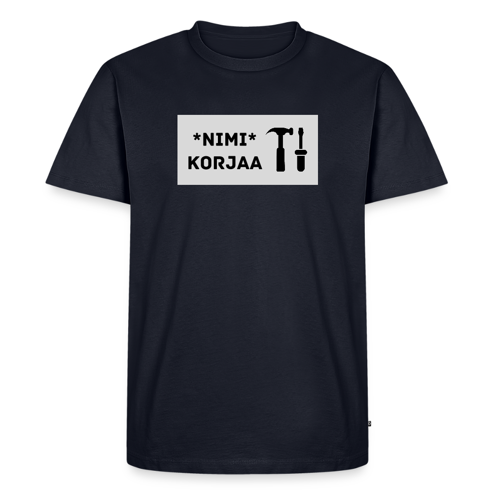 TEKSTI MUOKATTAVISSA! *Nimi* korjaa -t-paita, luomupuuvillaa - laivastonsininen