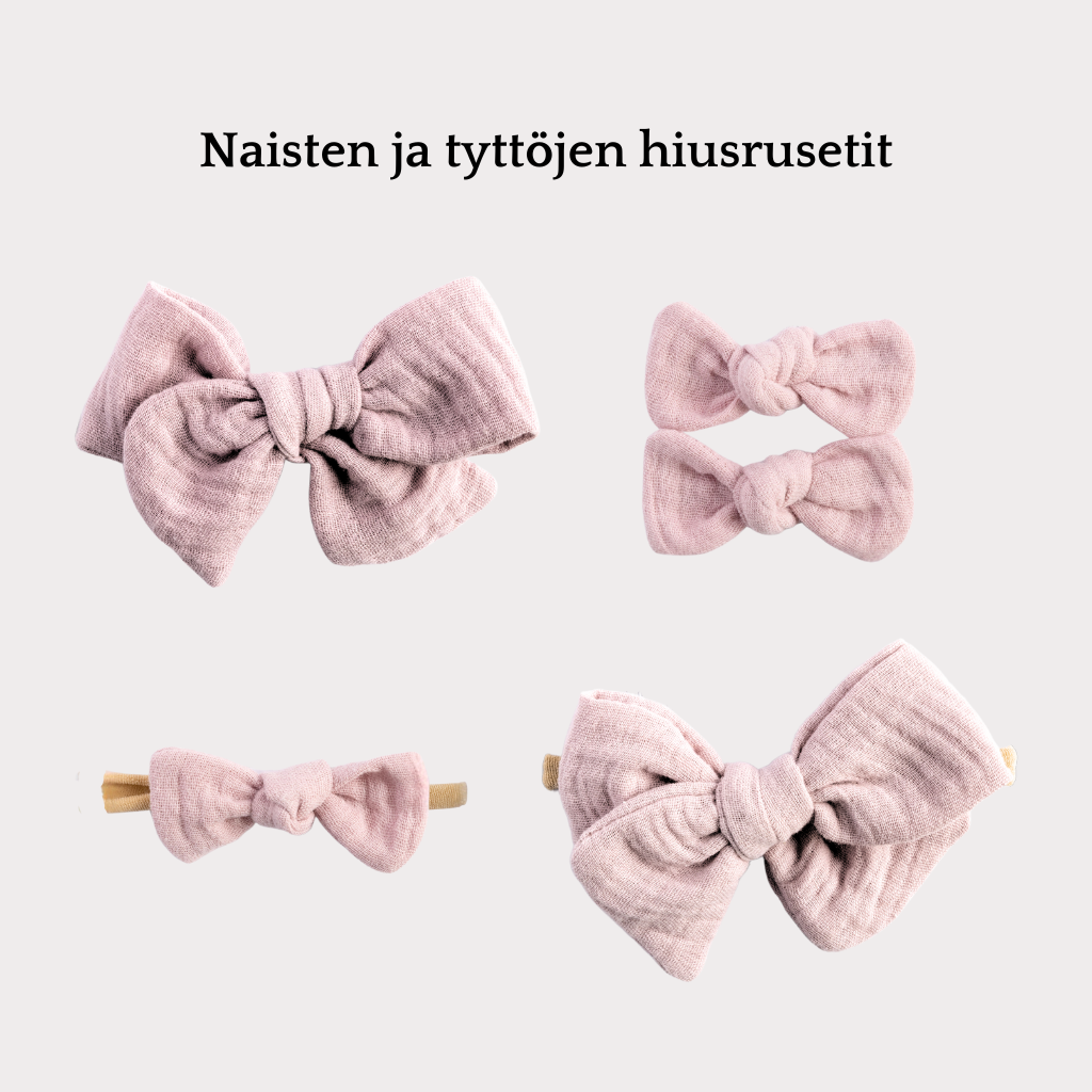 Samanlaiset vaaleanpunaiset rusetit äidille ja tyttarelle lapselle vauvalle samisrusetit isälle ja pojalle ristiaisiin nimiaisiin juhliin häihin babyshower lahja vastasyntyneen äidille vanhemmille joululahja lapsenlapsen vanhemmille puuvillarusetit musliinikankaasta musliinirusetit hiuskoristeet hiusrusetit äidille ja lapselle tytölle tytöille lapsille kaularusetit isälle ja pojalle pojille lapsille asusteet isyyspakkaus sisältö ideoita Samanlaiset vaaleanpunaiset rusetit äidille ja tyttarelle lapselle