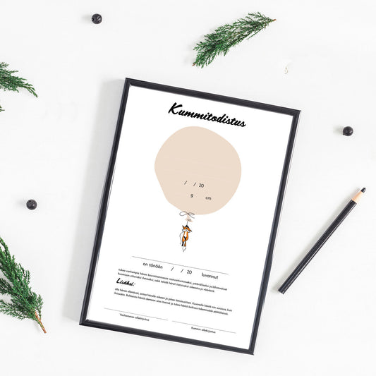 Kummitodistus beigellä kettukuvituksella, 20x30cm