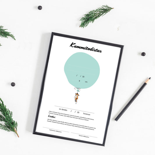 Kummitodistus mintunvärisellä kettukuvituksella, 20x30cm