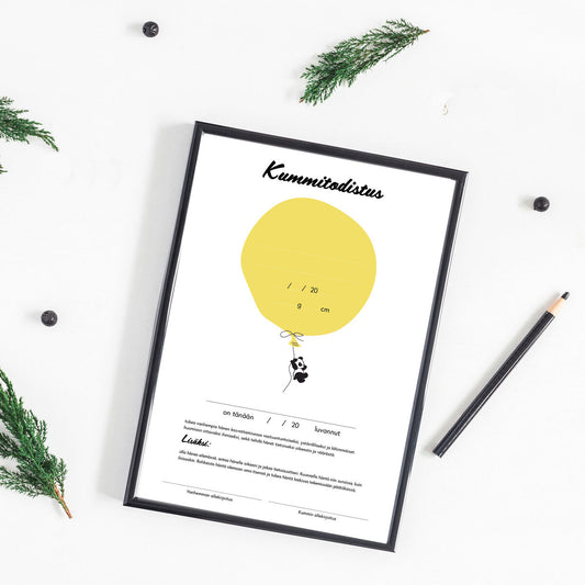 Kummitodistus keltaisella pandakuvituksella, 20x30cm