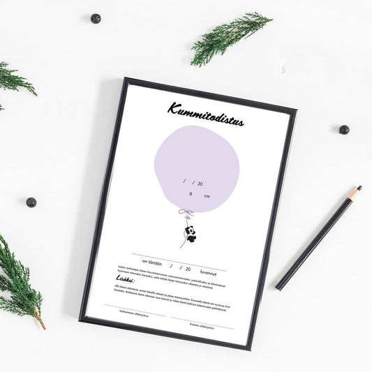 Kummitodistus violetilla pandakuvituksella, 20x30cm